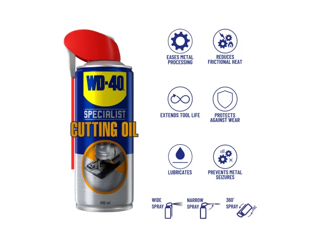 WD-40 Specialist Cutting Oil can with features listed on a white background