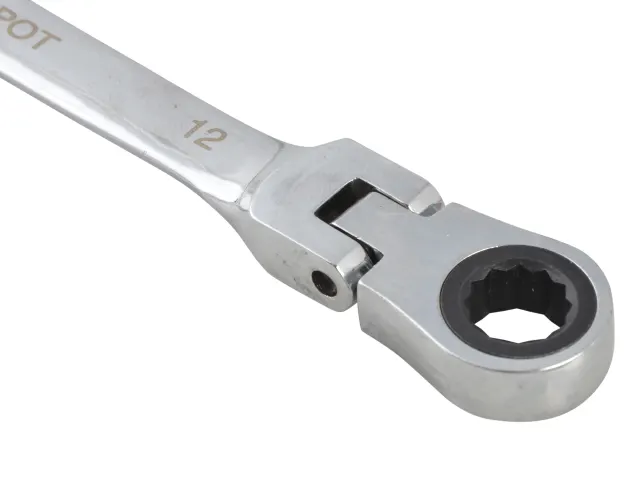Close-up of a silver ratchet wrench on a white background