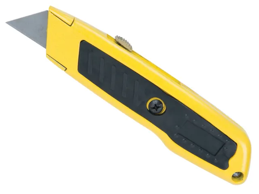 Yellow utility knife with black handle on a white background