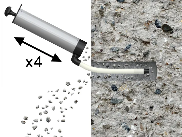 Concrete mixing tool with gravel and a close-up of concrete texture.