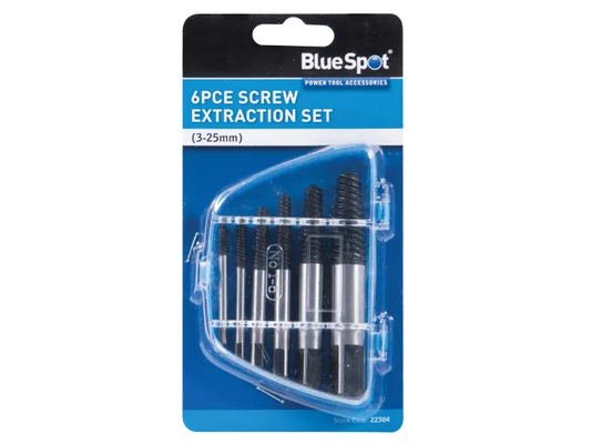 BlueSpot 6-piece screw extraction set packaging on a white background