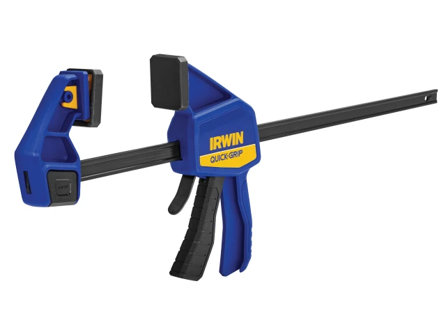 Blue and black IRWIN Quick-Grip clamps on a white background