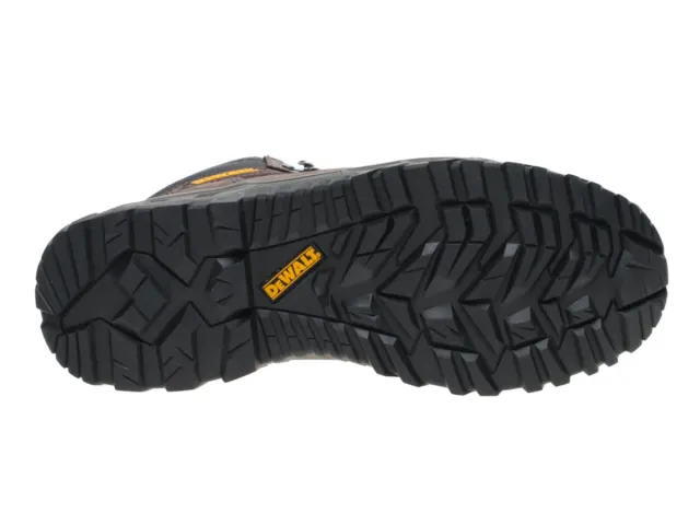 Black boot sole with tread pattern and Dewalt logo on a white background