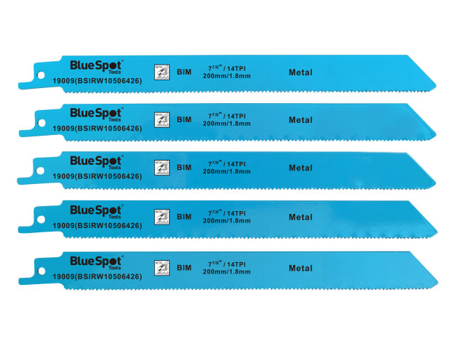Five Blue Spot brand metal cutting blades on a white background