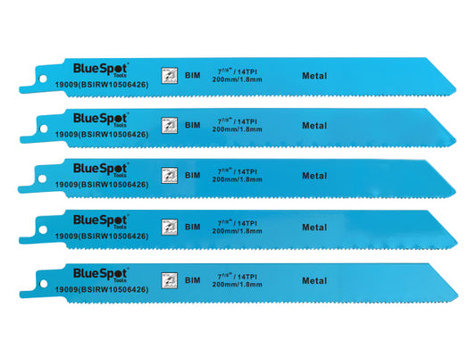 Five Blue Spot brand metal cutting blades on a white background