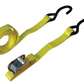 Yellow ratchet strap with black hooks on a white background