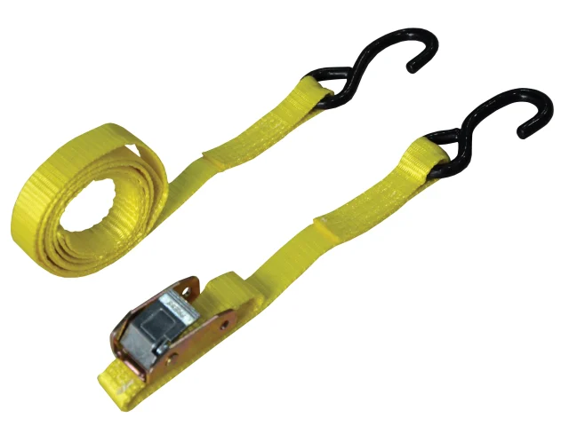Yellow ratchet strap with black hooks on a white background