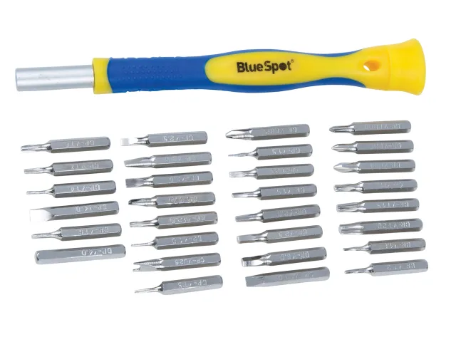 Set of screwdriver bits with BlueSpot branding on a white background