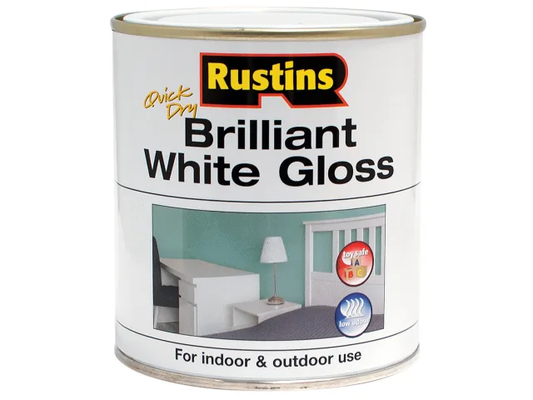 Rustins Brilliant White Gloss paint can on a white background