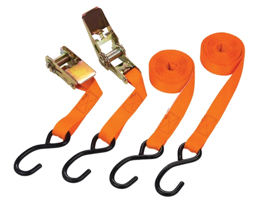 Orange ratchet straps with hooks on a white background