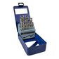 Set of drill bits in a blue plastic holder on a white background