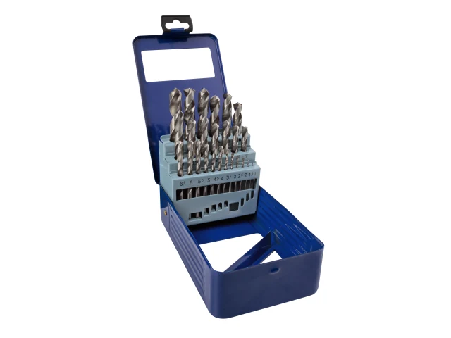 Set of drill bits in a blue plastic holder on a white background