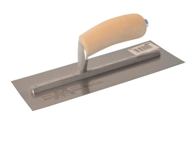 Metal trowel with a wooden handle on a white background