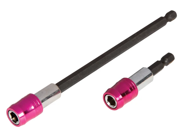 Two drill bits with pink and black handles on a white background