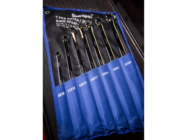 Set of ring spanners in a blue case with 'BlueSpot' branding.