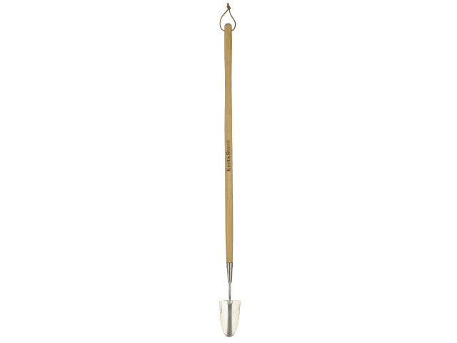 Metal garden trowel with wooden handle on a white background