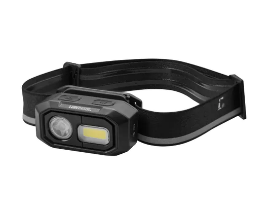 Black headlamp on a white background