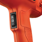 Close-up of a red power tool handle with a switch on a white background
