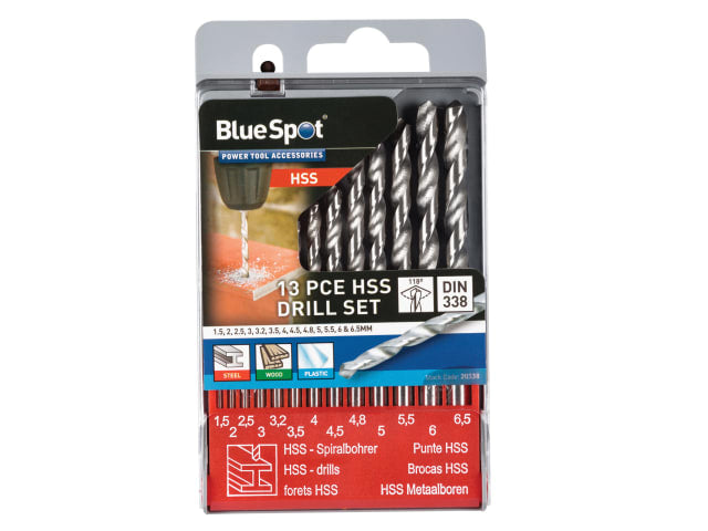 BlueSpot 13-piece HSS drill bit set packaging on a white background