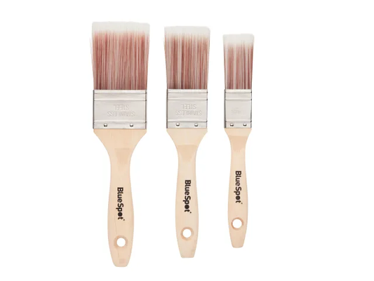 Three paint brushes with wooden handles and red bristles on a white background