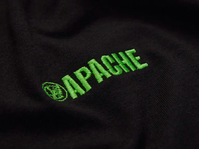 Green 'Apache' logo on a black background