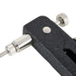 Close-up of a mechanical tool with black handle and silver components on a white background