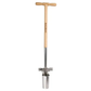 Gardening tool with wooden handle and metal head on a white background