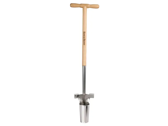 Gardening tool with wooden handle and metal head on a white background