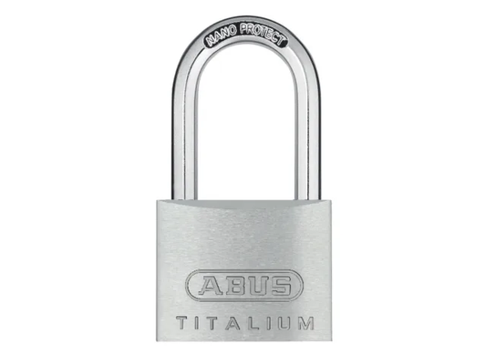 Silver ABUS Titalium padlock on a white background