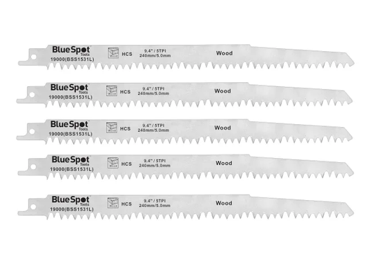 Set of five BlueSpot brand saw blades for wood on a white background