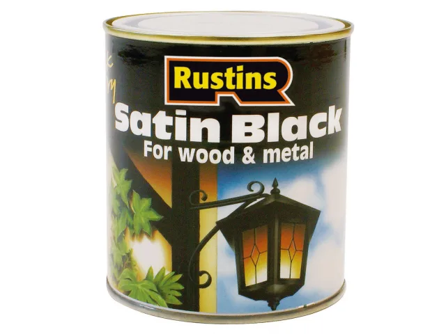 Can of Rustins Satin Black paint for wood and metal on a white background