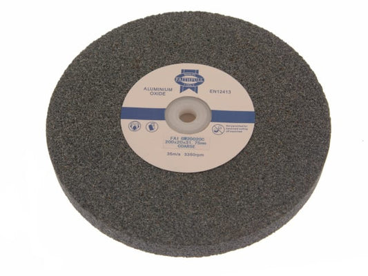 Gray grinding wheel with a brand label on a white background
