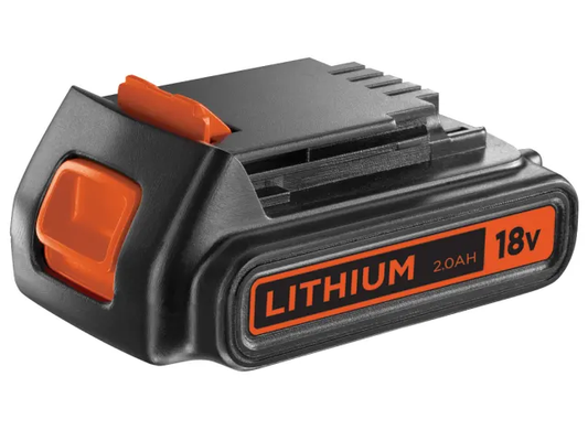 Lithium-ion battery pack with 18V and 2.0Ah specifications on a white background