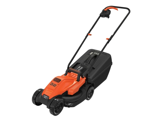 Orange and black lawn mower on a white background