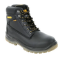 Black work boot with yellow laces on a white background