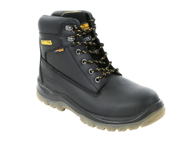 Black work boot with yellow laces on a white background