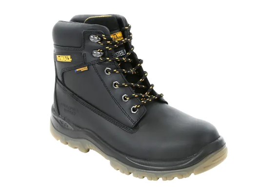 Black work boot with yellow laces on a white background