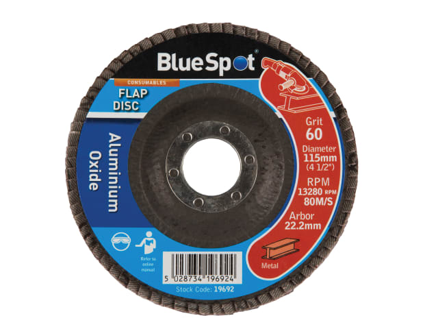 BlueSpot flap disc with specifications on a white background