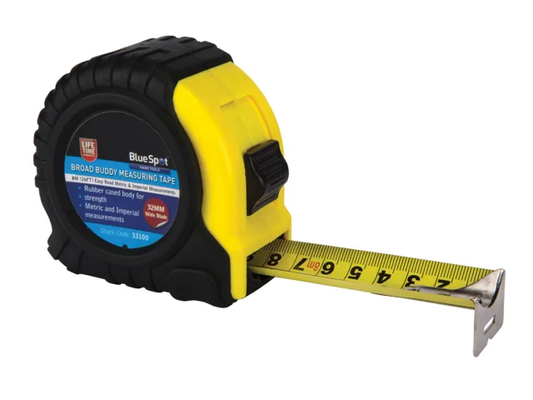Yellow and black measuring tape with Blue Spot branding on a white background