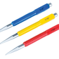 Three calipers with blue, yellow, and red handles on a white background