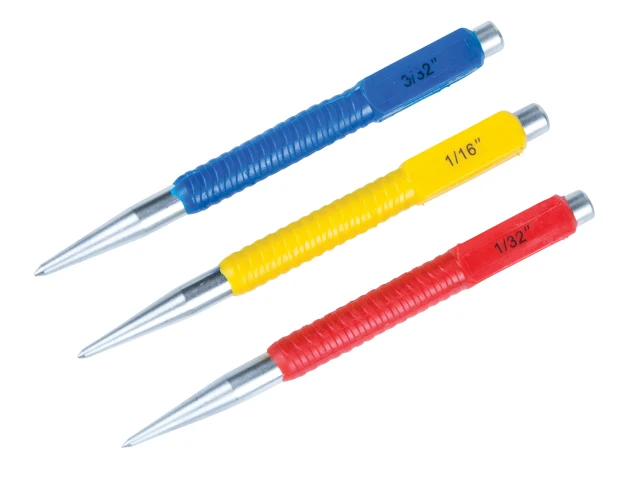 Three calipers with blue, yellow, and red handles on a white background
