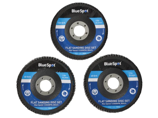 Three BlueSpot flat sanding discs on a white background