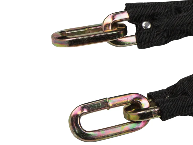 Tow strap with metal hooks on a white background