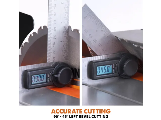 Digital angle finder showing measurements on a saw blade and angle grinder.