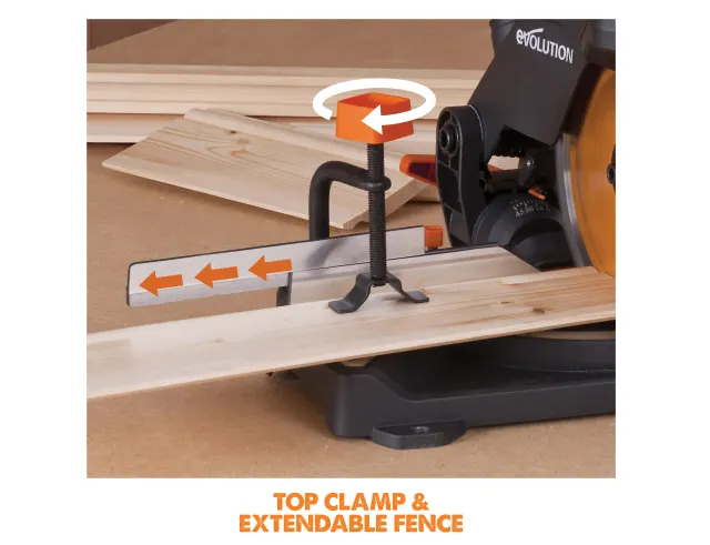 Circular saw with top clamp and extendable fence on a wooden surface