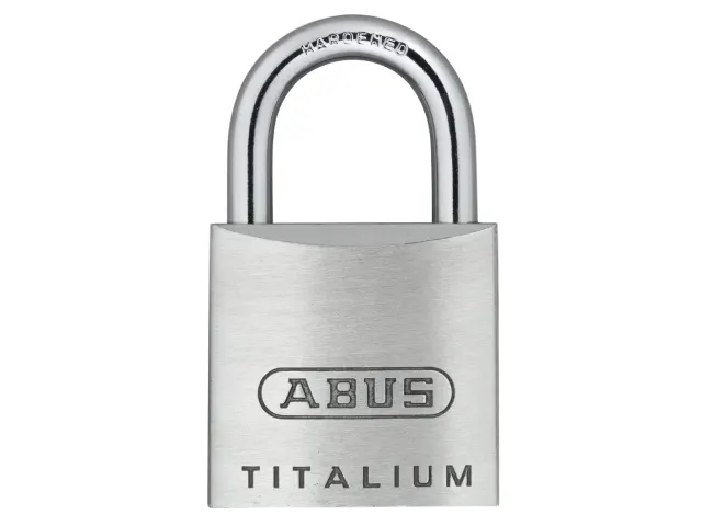 Silver ABUS Titalium padlock on a white background