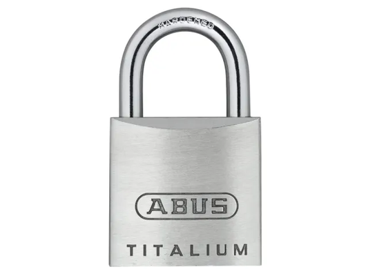 Silver ABUS Titalium padlock on a white background