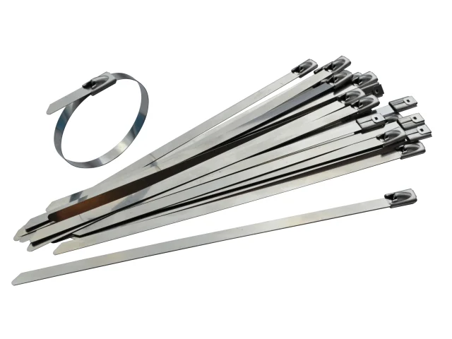 Set of metal cable ties on a white background