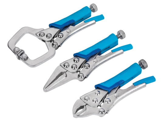 Set of three locking pliers with blue handles on a white background