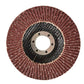 Flap disc with brown abrasive material on a white background